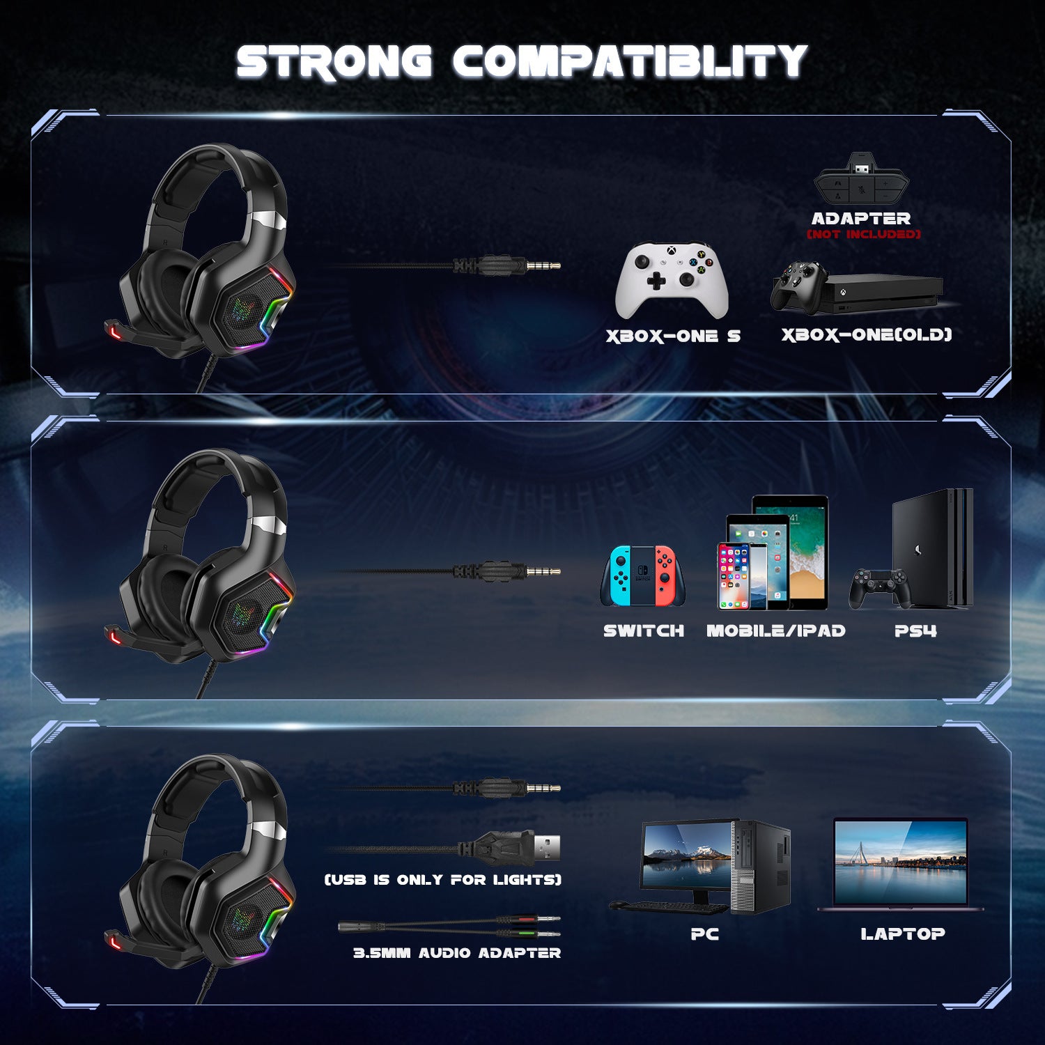 K10 PRO Gaming Headset with Microphone – Wired Over-Ear Headphones with RGB Lighting & Deep Bass