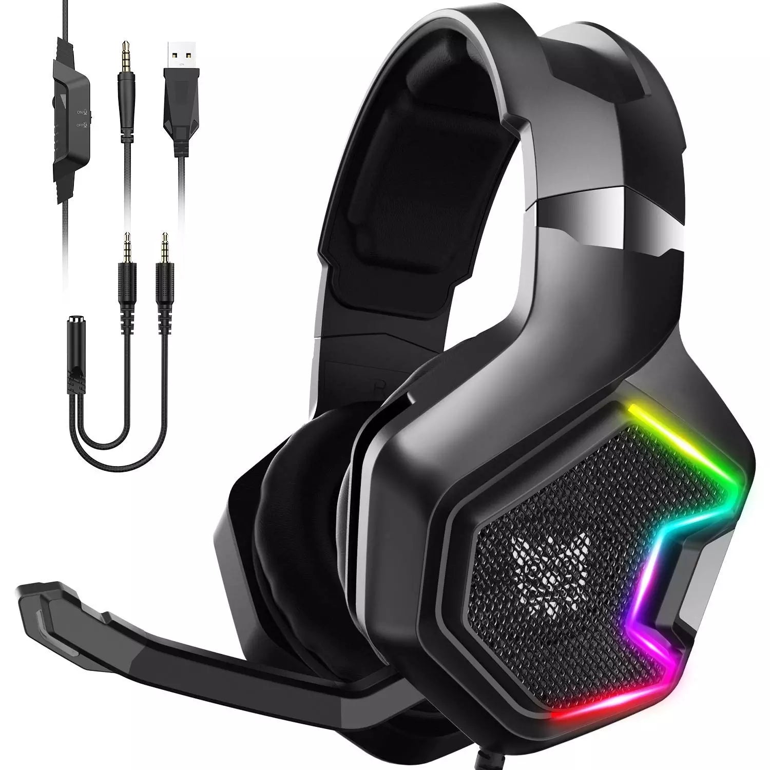 K10 PRO Gaming Headset with Microphone – Wired Over-Ear Headphones with RGB Lighting & Deep Bass