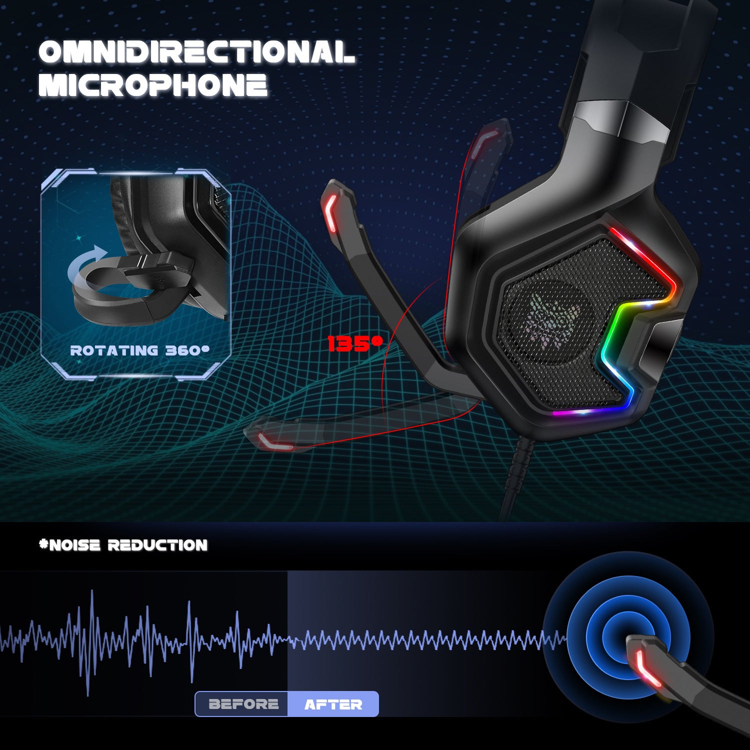 K10 PRO Gaming Headset with Microphone – Wired Over-Ear Headphones with RGB Lighting & Deep Bass