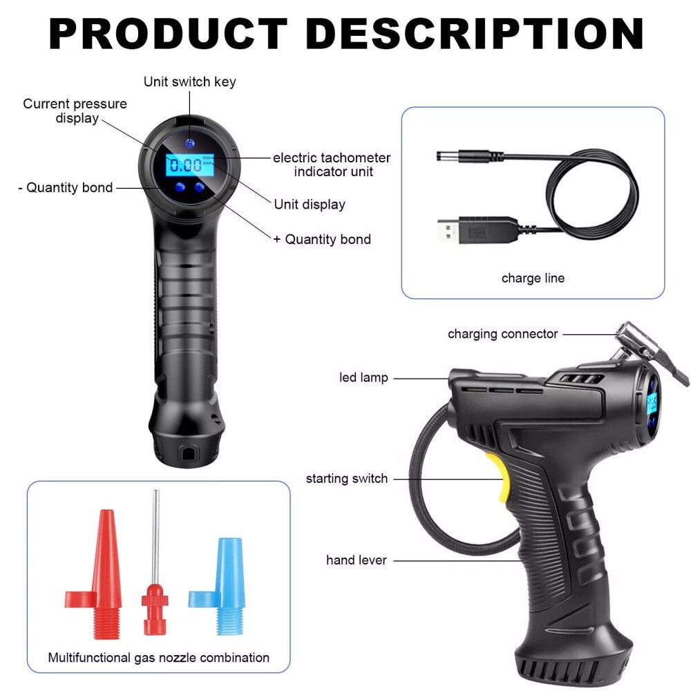 Digital Tyre Inflator Air Compressor, 12V Rechargeable Battery