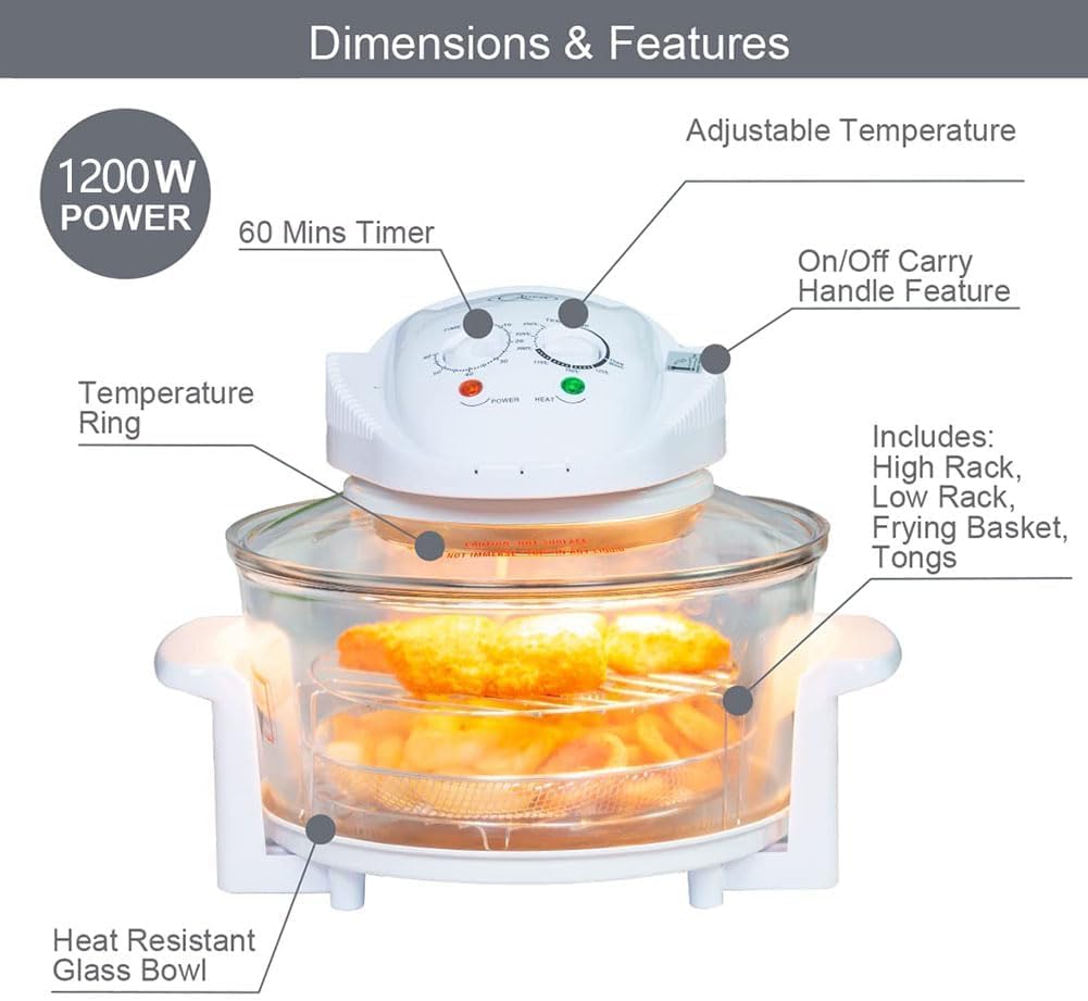 Halogen Oven, 17L Air Fryer Oven, Halogen Air Fryer with 8pcs Cooker and Lid, 360° Heating, for Roasting and Grilling, Cook Tasty Foods without Oil, Quick Healthy Meal