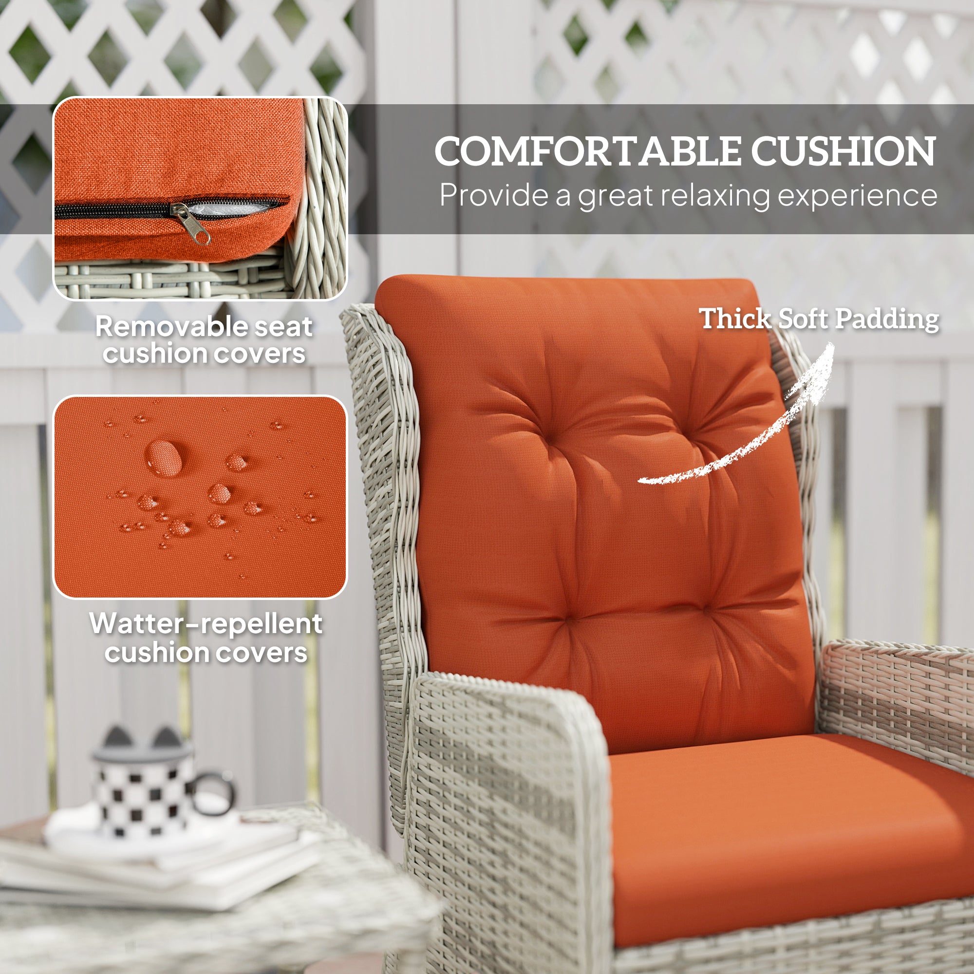 5-Piece Orange Rattan Bistro Set with Reclining Chairs, Footstools & Glass Table