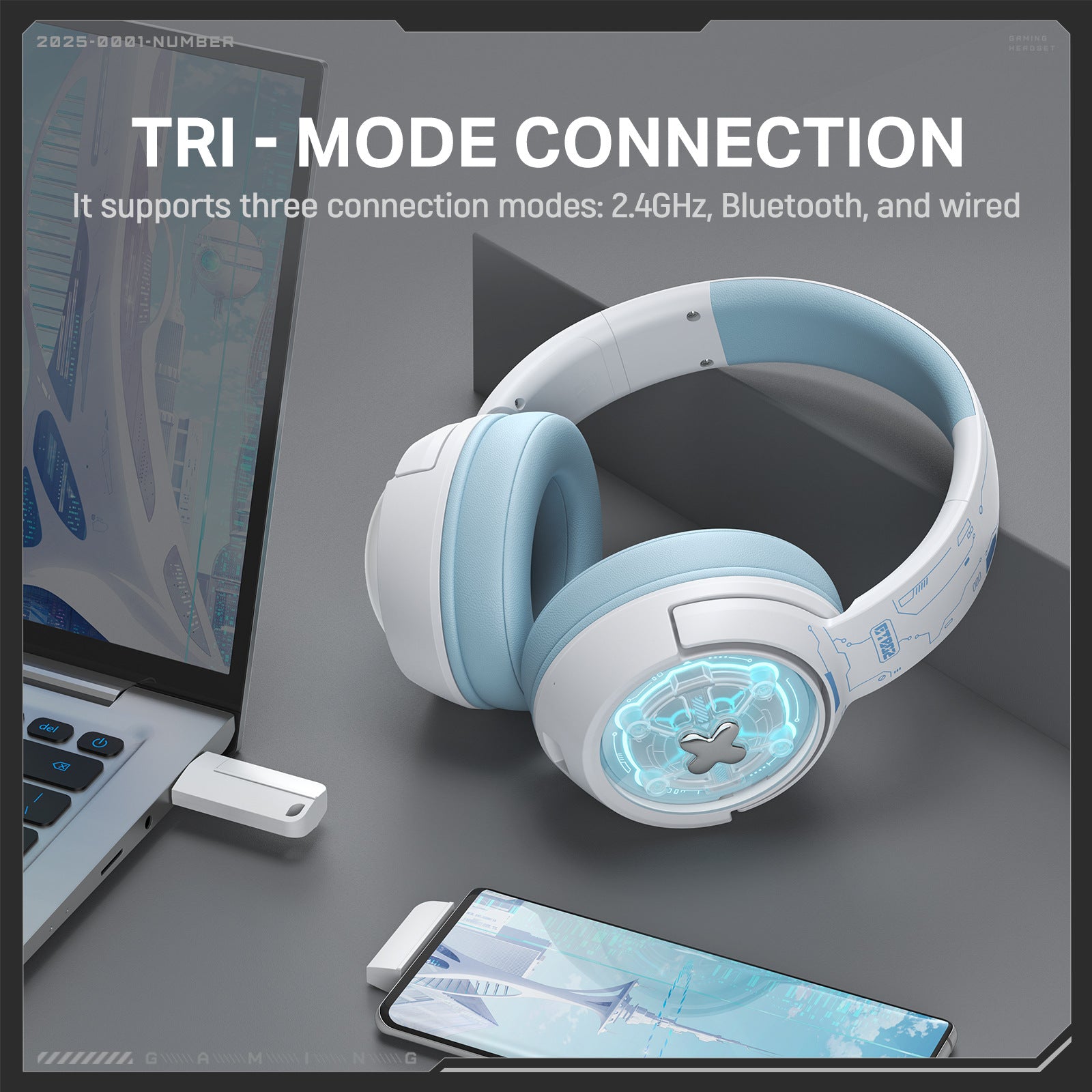 Gaming Headset  ONIKUMA GT802 Triple Mode Low Latency RGB Light Wireless Headphone with USB Receiver