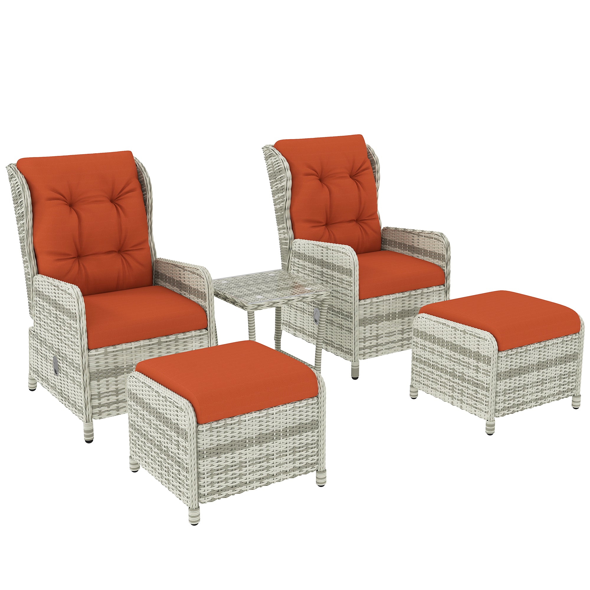 5-Piece Orange Rattan Bistro Set with Reclining Chairs, Footstools & Glass Table
