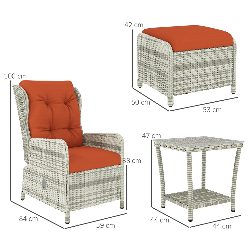 5-Piece Orange Rattan Bistro Set with Reclining Chairs, Footstools & Glass Table