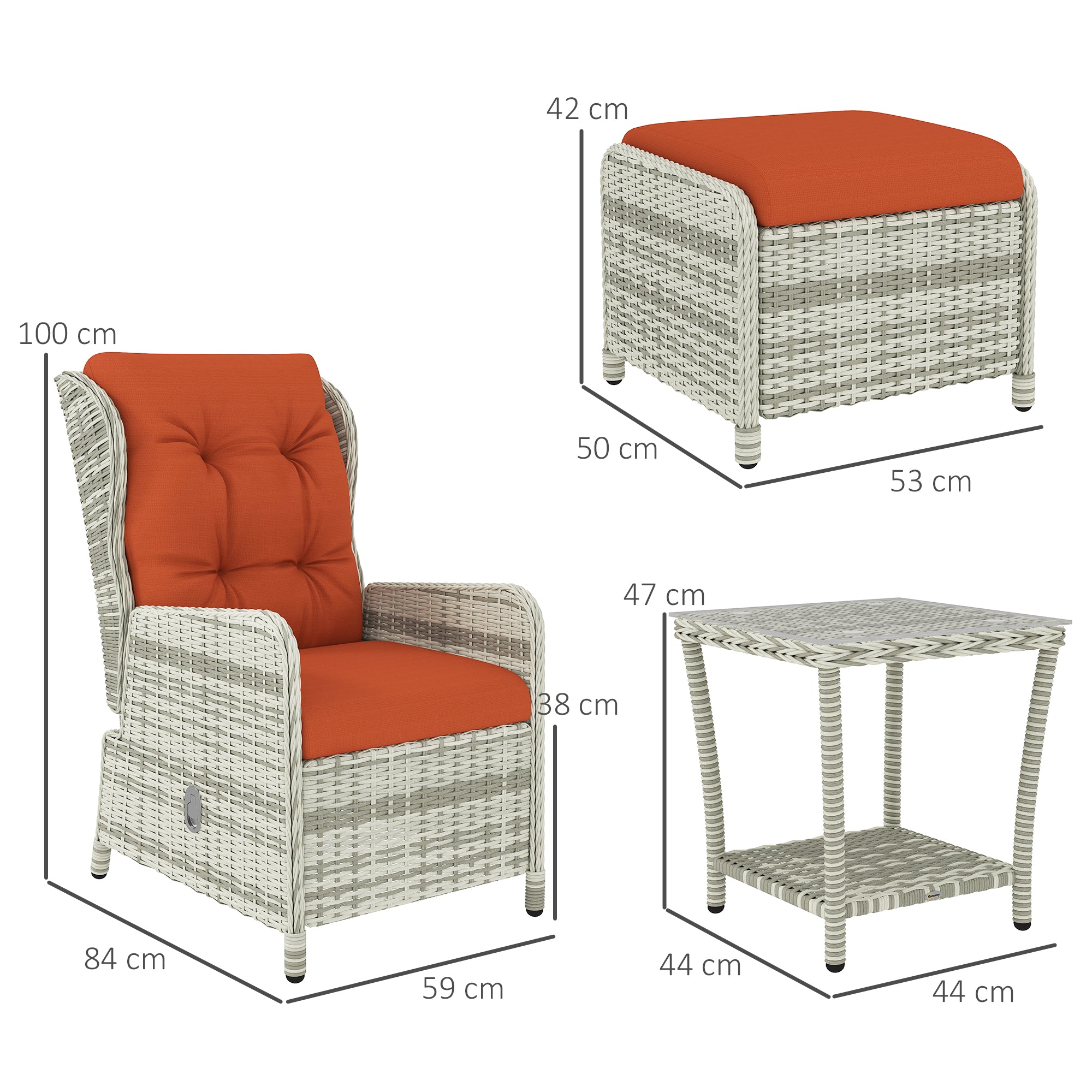 5-Piece Orange Rattan Bistro Set with Reclining Chairs, Footstools & Glass Table