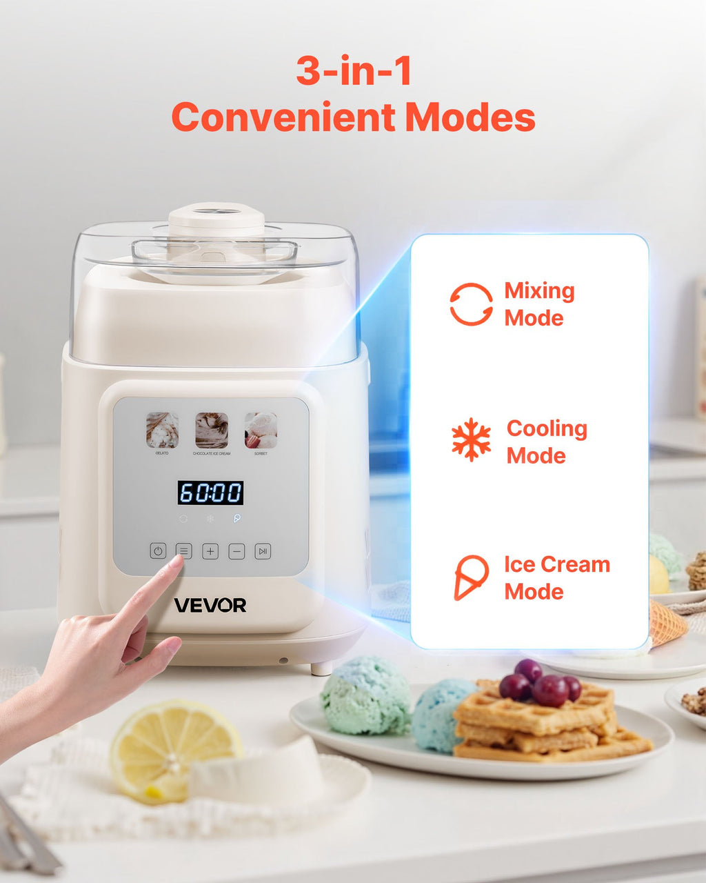 Automatic 1L Ice Cream Maker with Built-in Compressor - Gelato Sorbet Frozen Yogurt 4 Modes White