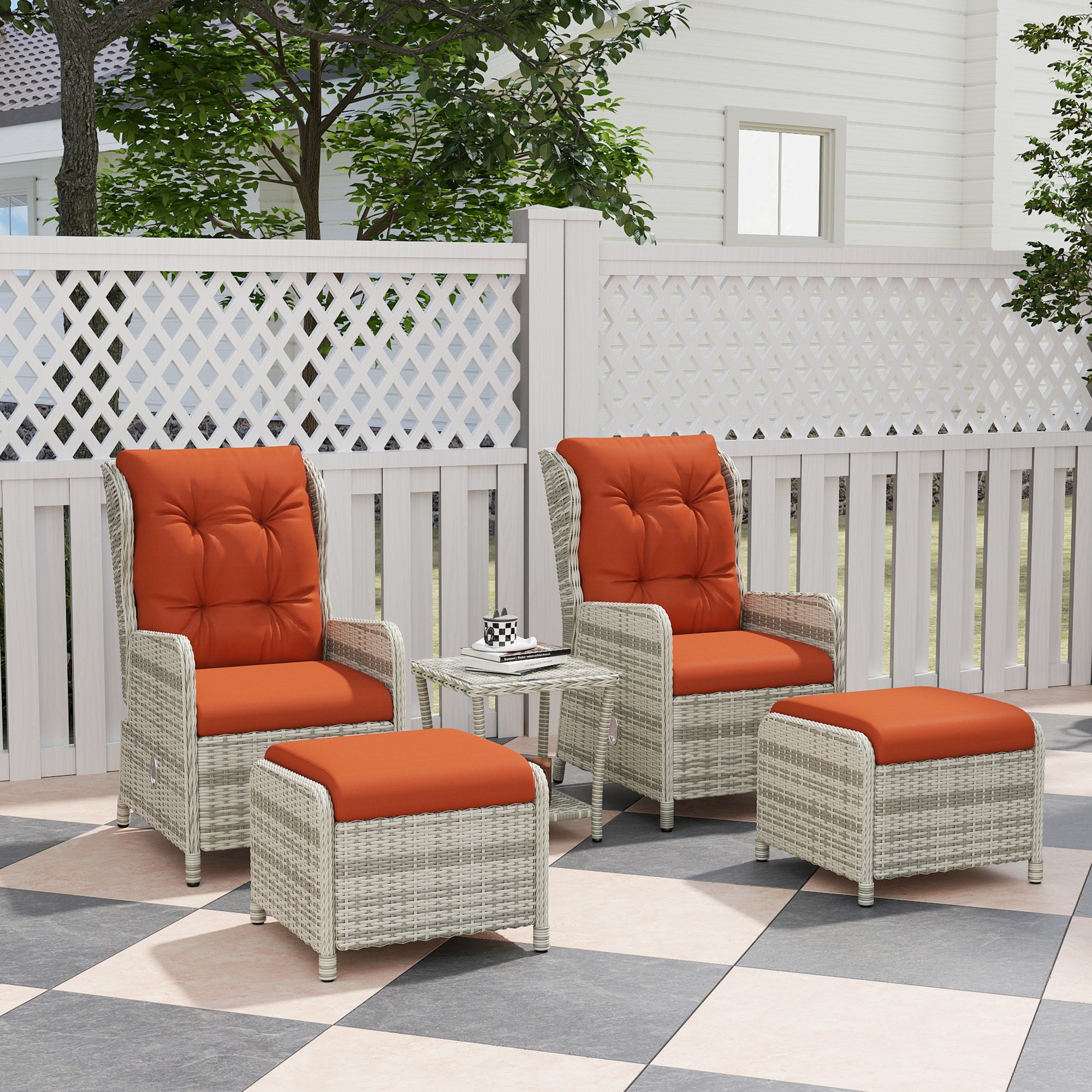 5-Piece Orange Rattan Bistro Set with Reclining Chairs, Footstools & Glass Table