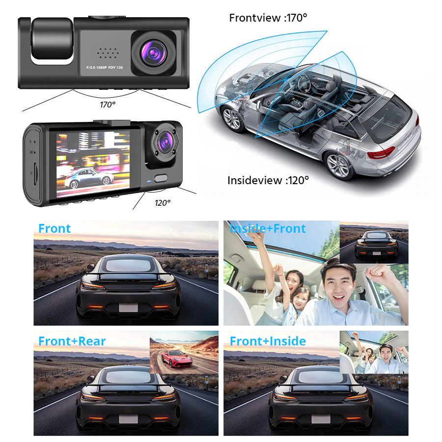 Car Dual Lens Dash Cam HD 1080P Front Rear Inside Video Recorder Camera G-Sensor