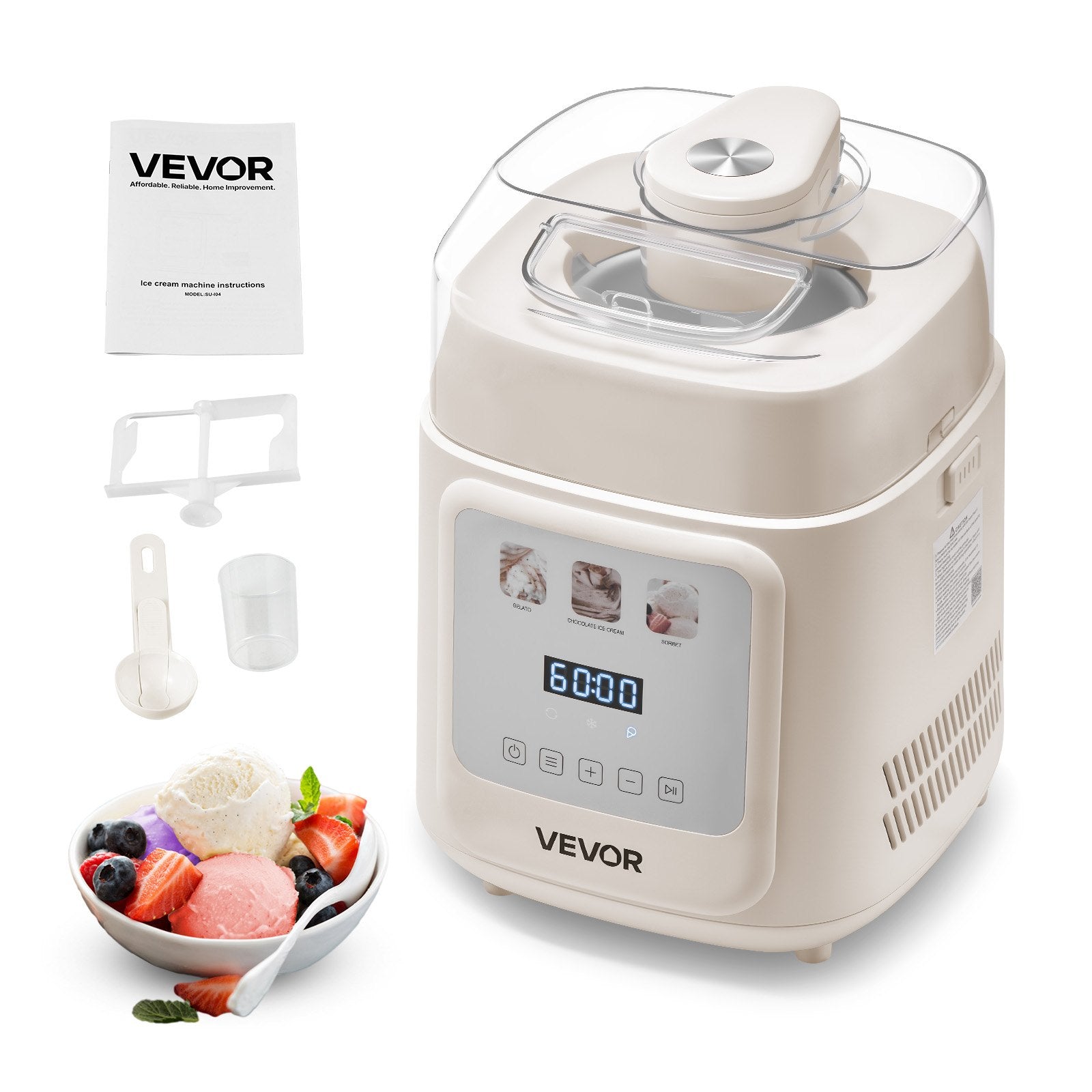 Automatic 1L Ice Cream Maker with Built-in Compressor - Gelato Sorbet Frozen Yogurt 4 Modes White